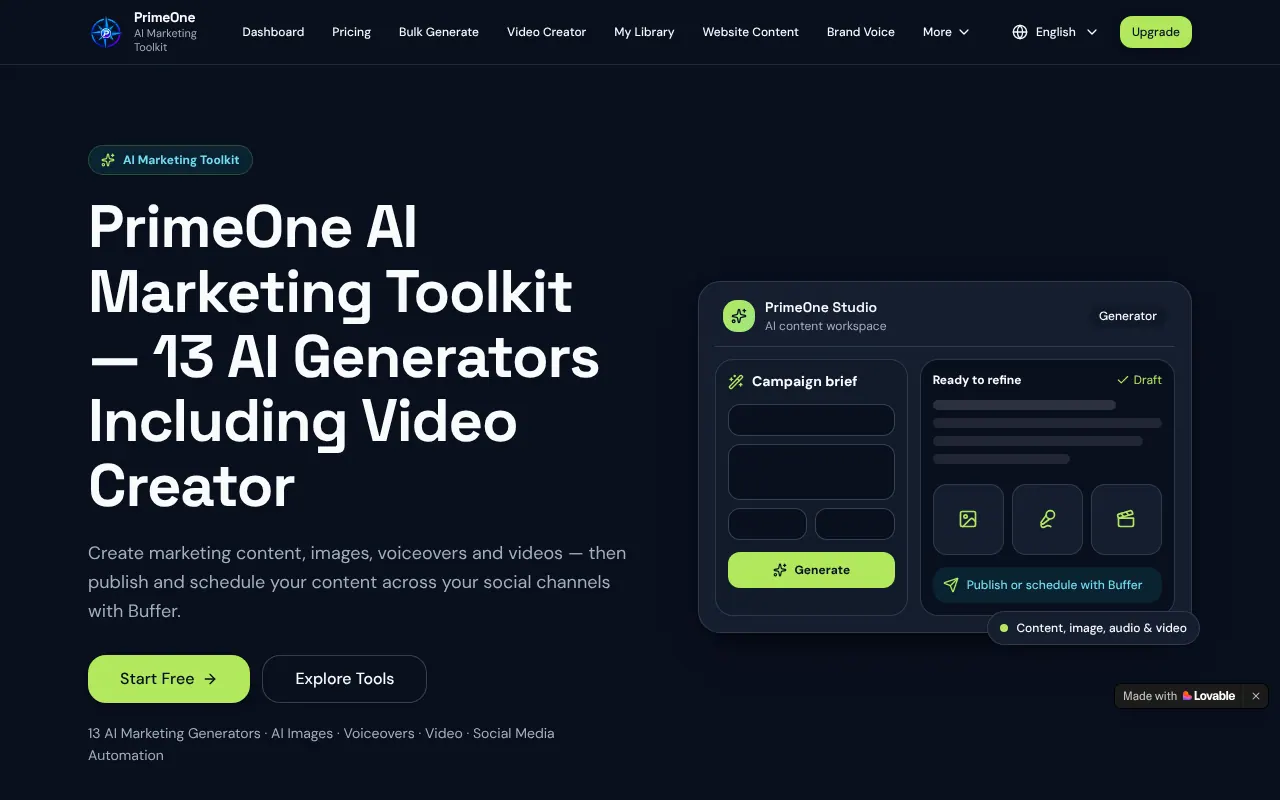PrimeOne AI Marketing Toolkit - Step 1 screenshot captured by Lastest
