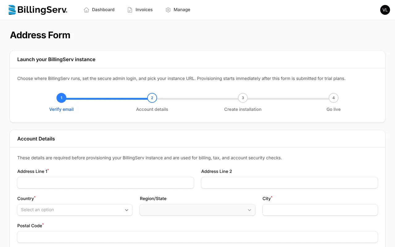 BillingServ - Step 1 screenshot captured by Lastest