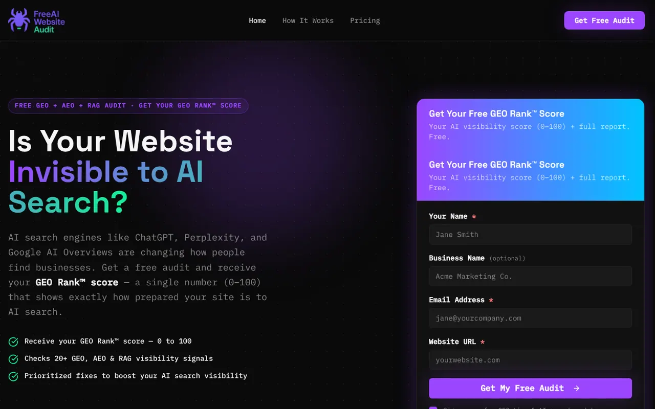 Free AI Website Audit - Step 1 screenshot captured by Lastest