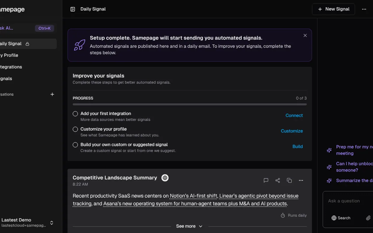 Samepage Signals - Step 1 screenshot captured by Lastest