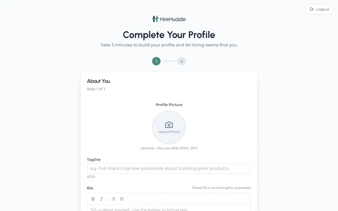 HireHuddle - Step 1 screenshot captured by Lastest