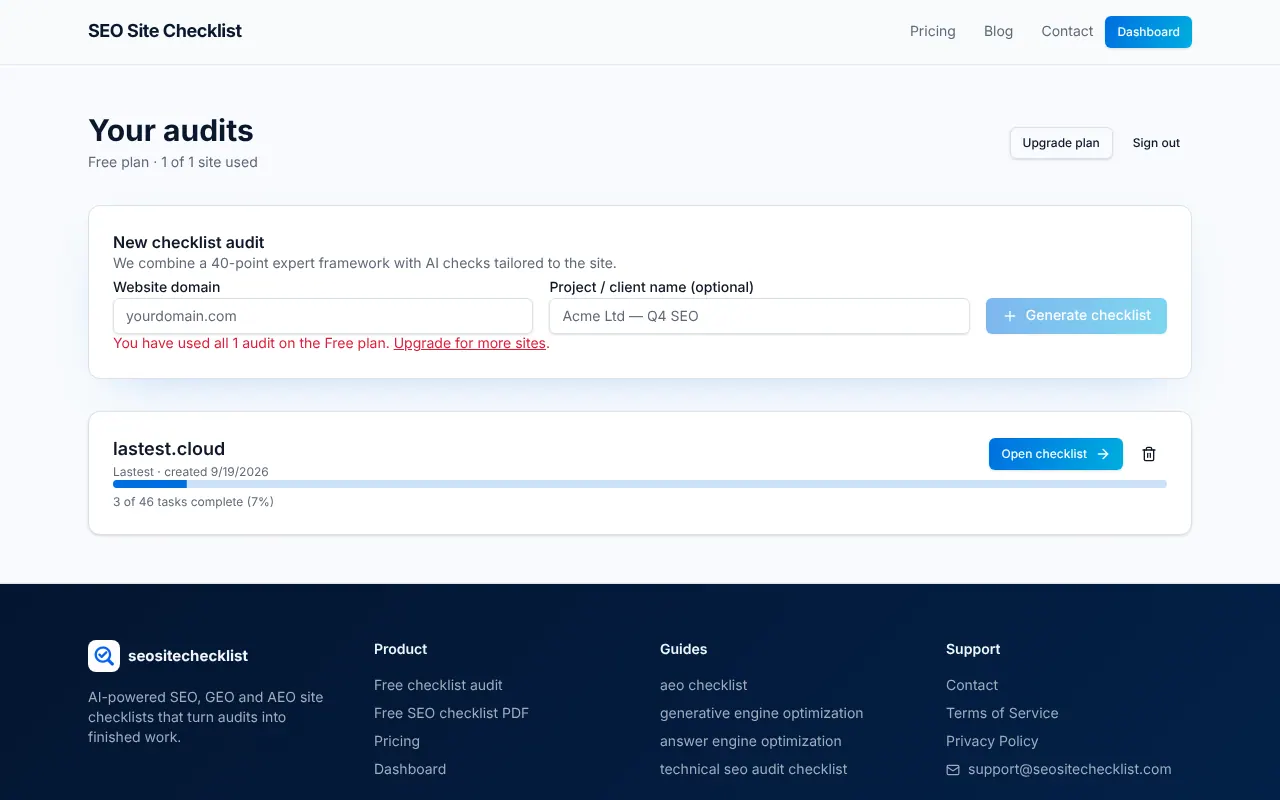 SEO Site Checklist - Step 1 screenshot captured by Lastest
