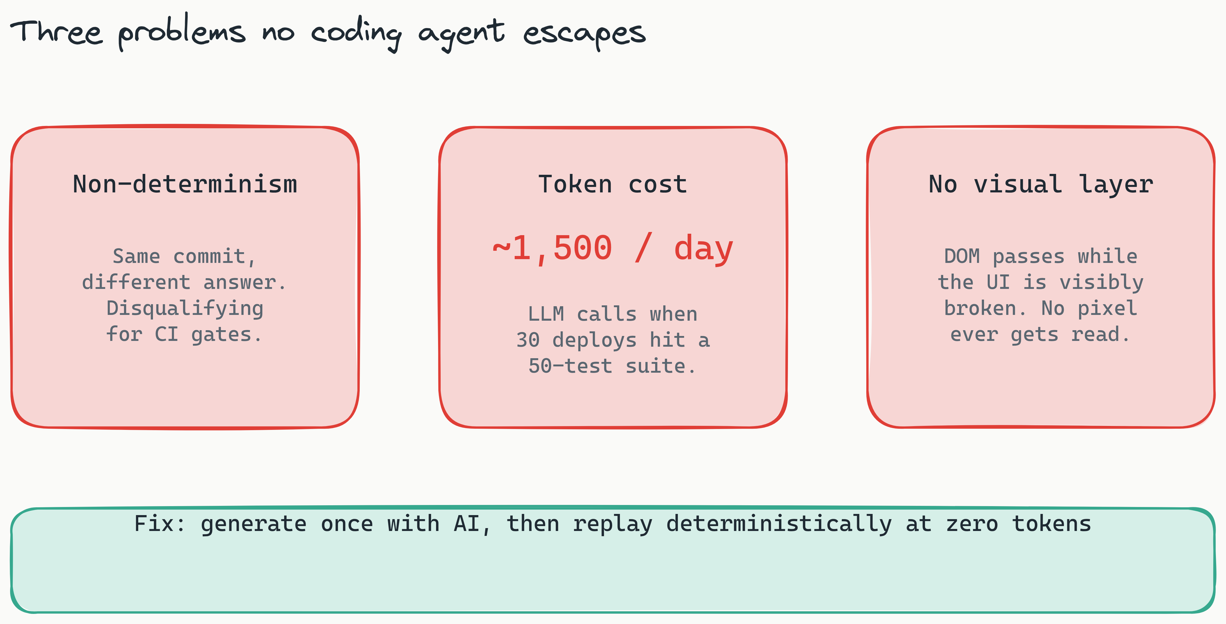 Three stat cards naming the structural problems every agent-authored test suite inherits: non-determinism on re-run, token cost that scales linearly with commit count, and no visual layer so DOM-passing tests miss visibly broken UI.
