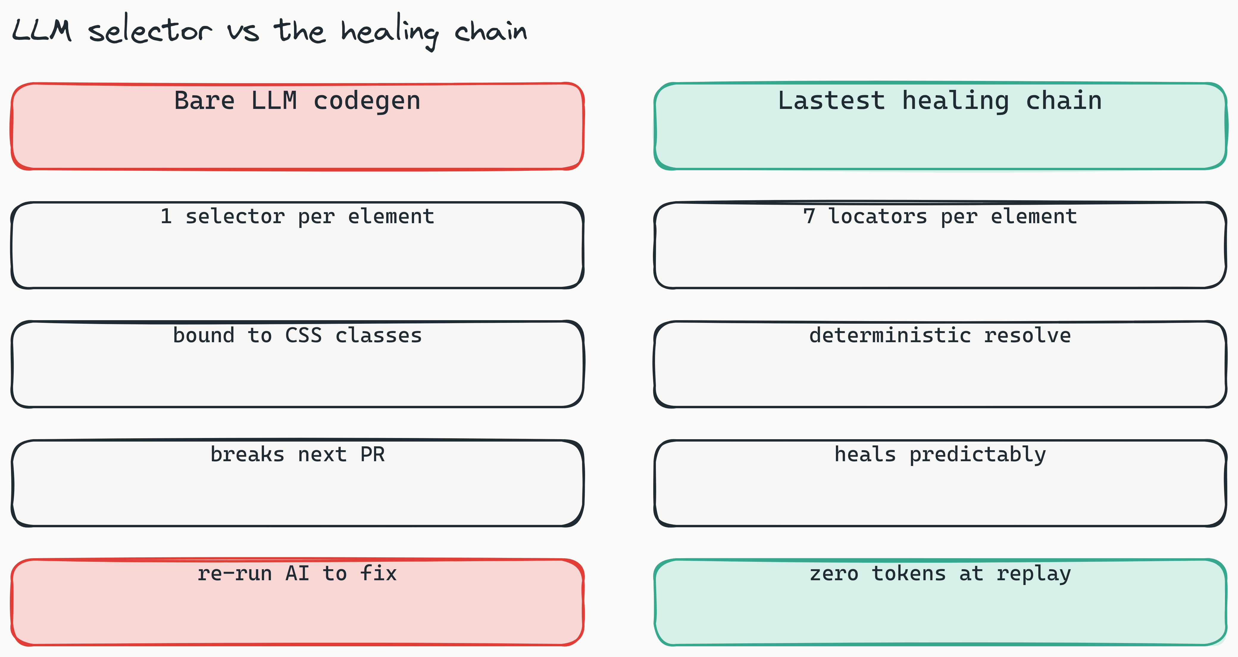 A two-column comparison. The red left column is bare LLM codegen: one selector per element, bound to Tailwind classes, breaks on the next PR, and requires another non-deterministic API call to regenerate. The teal right column is the Lastest chain: seven locators per element, deterministic resolve, heals predictably, and zero tokens at replay time.