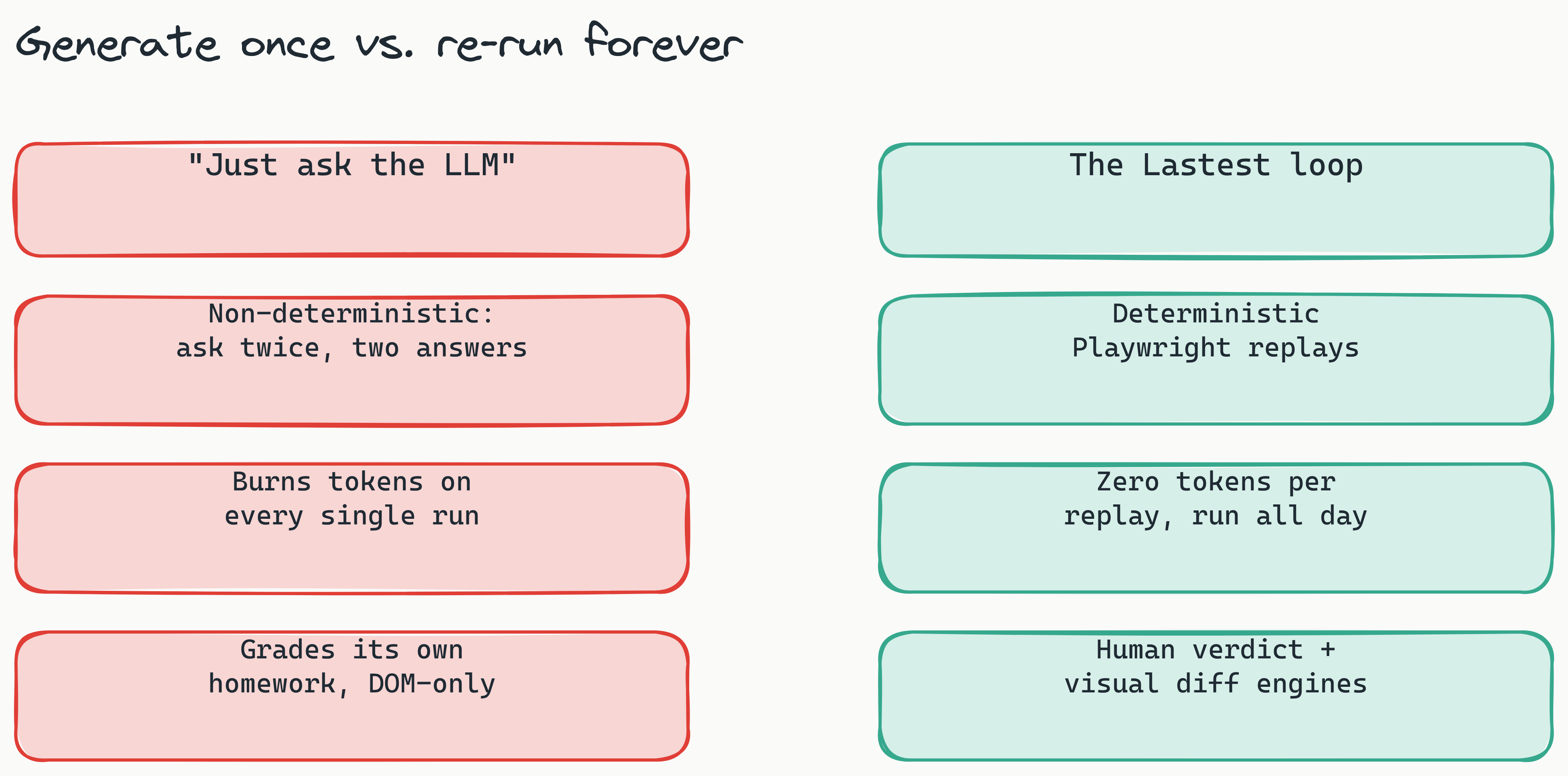 Two-column comparison. Asking the LLM to test on every run is non-deterministic, burns tokens each run, and grades its own DOM-only homework. The Lastest loop replays deterministic Playwright, costs zero tokens per replay, and adds a human verdict plus visual diff engines.