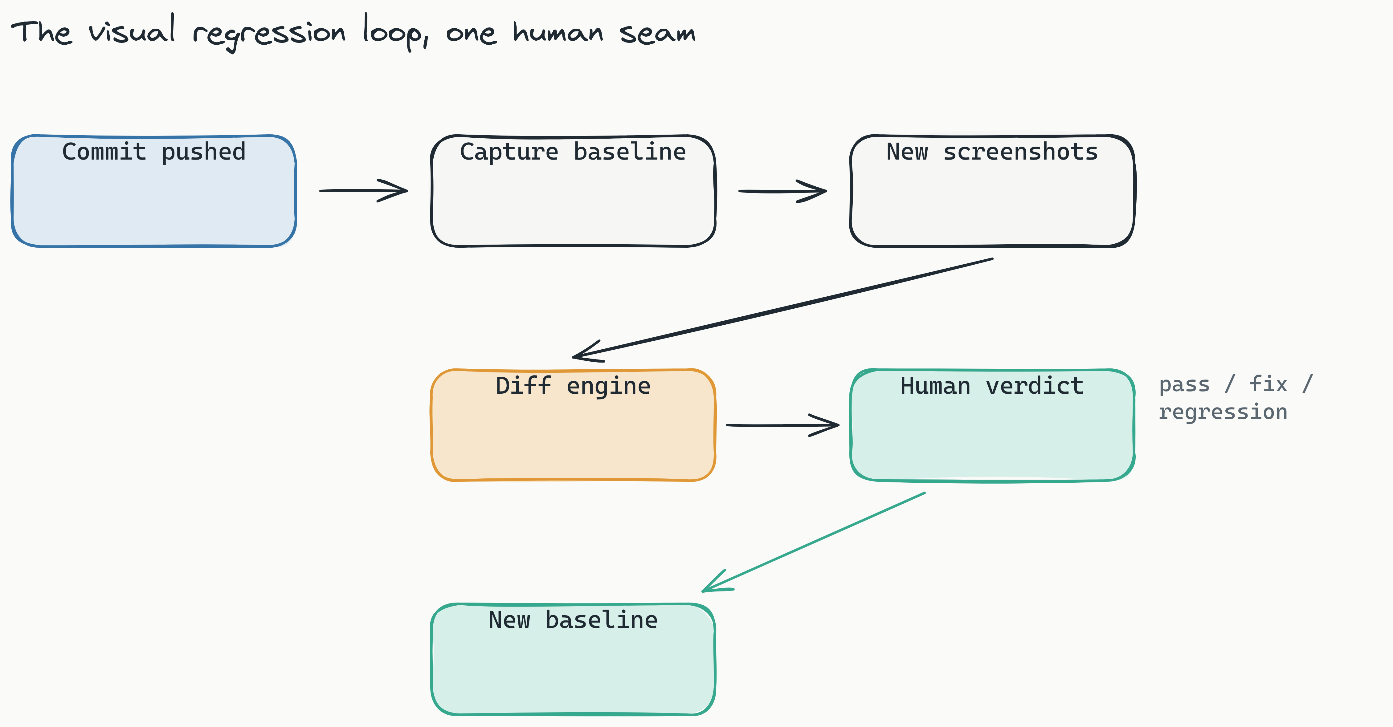 Left-to-right pipeline of the visual regression loop: commit pushed, baseline captured, new screenshots taken, diff engine compares, human picks one of three verdicts (pass, fix, regression), approved shots become the new baseline. Takeaway: AI and engines do the heavy lifting but exactly one human seam decides truth.
