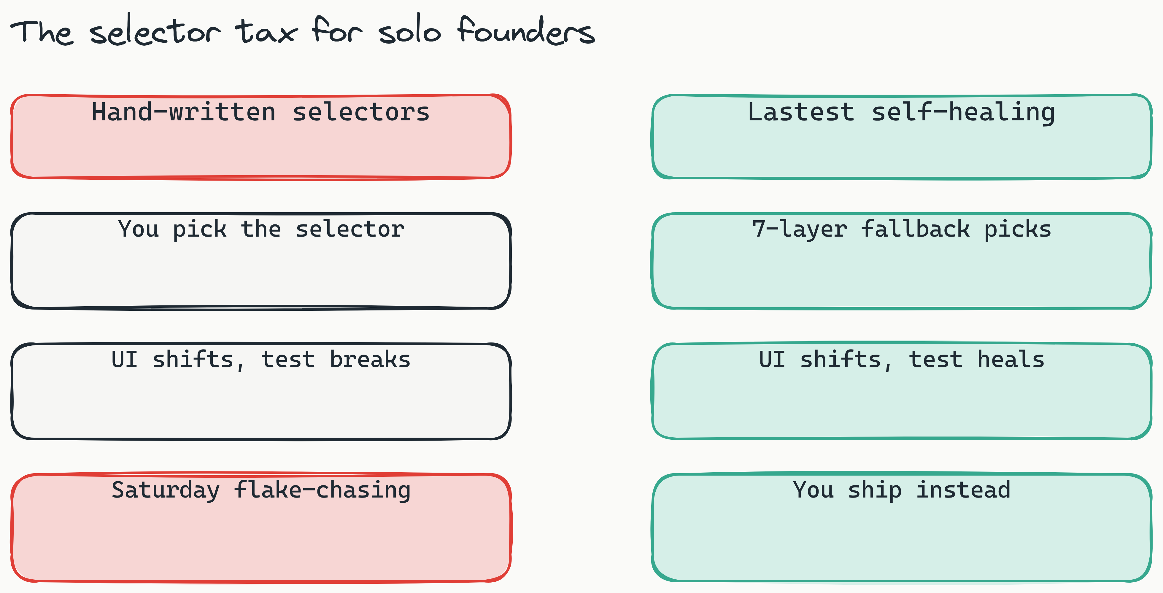 Two-column comparison: the left red column shows hand-written selectors where you pick the selector, the UI shifts, the test breaks, and you spend Saturday chasing flake; the right teal column shows Lastest's 7-layer fallback picking the selector, healing when the UI shifts, and letting you ship instead.