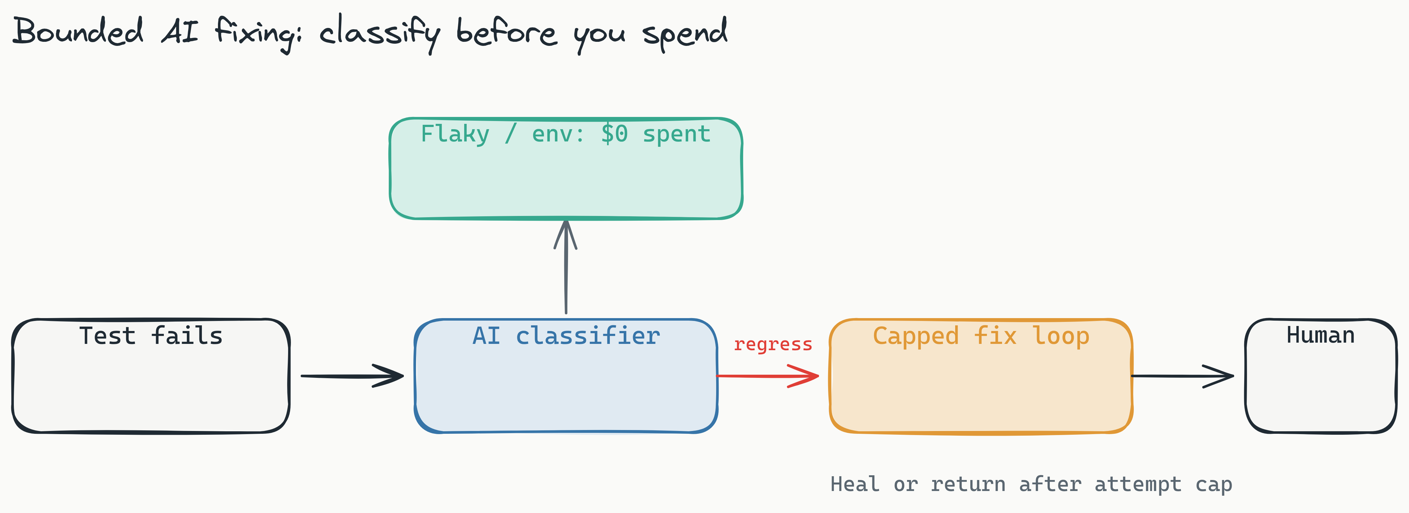 Pipeline showing how bounded AI fixing avoids runaway token spend. A failure first hits an AI classifier that labels it flaky, environment, real regression, or test-maintenance. Flaky and environment failures route straight to a human verdict with no tokens spent. Only a real regression triggers a capped fix loop, which either heals the test or hands control back to a human after the attempt limit.