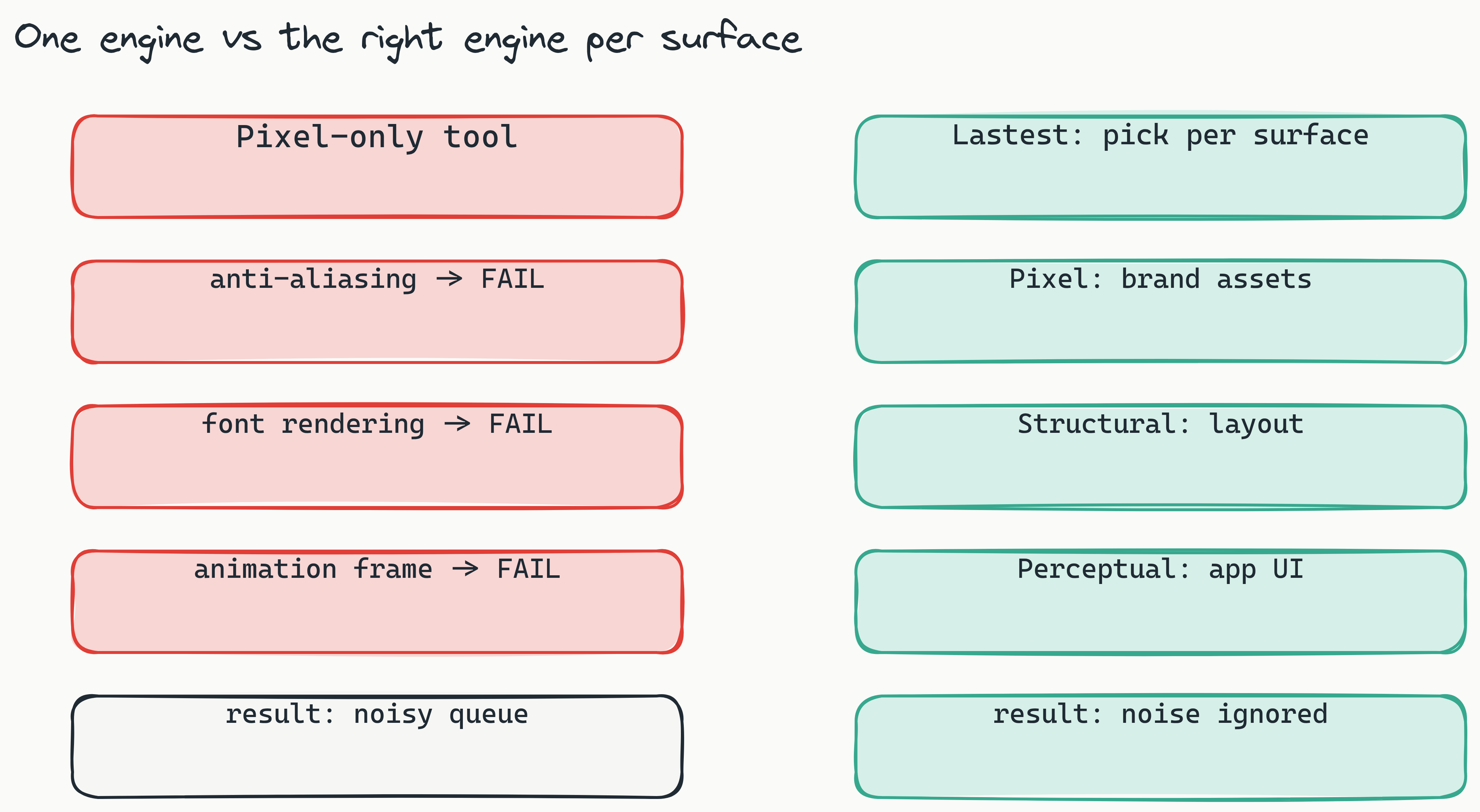 Two-column comparison: the left red column shows a single pixel-only engine flagging anti-aliasing, font rendering, and animation frames as failures, while the right teal column shows Lastest letting you pick pixel, structural (SSIM), or perceptual (Butteraugli) per surface so rendering noise is ignored and only real regressions flag.