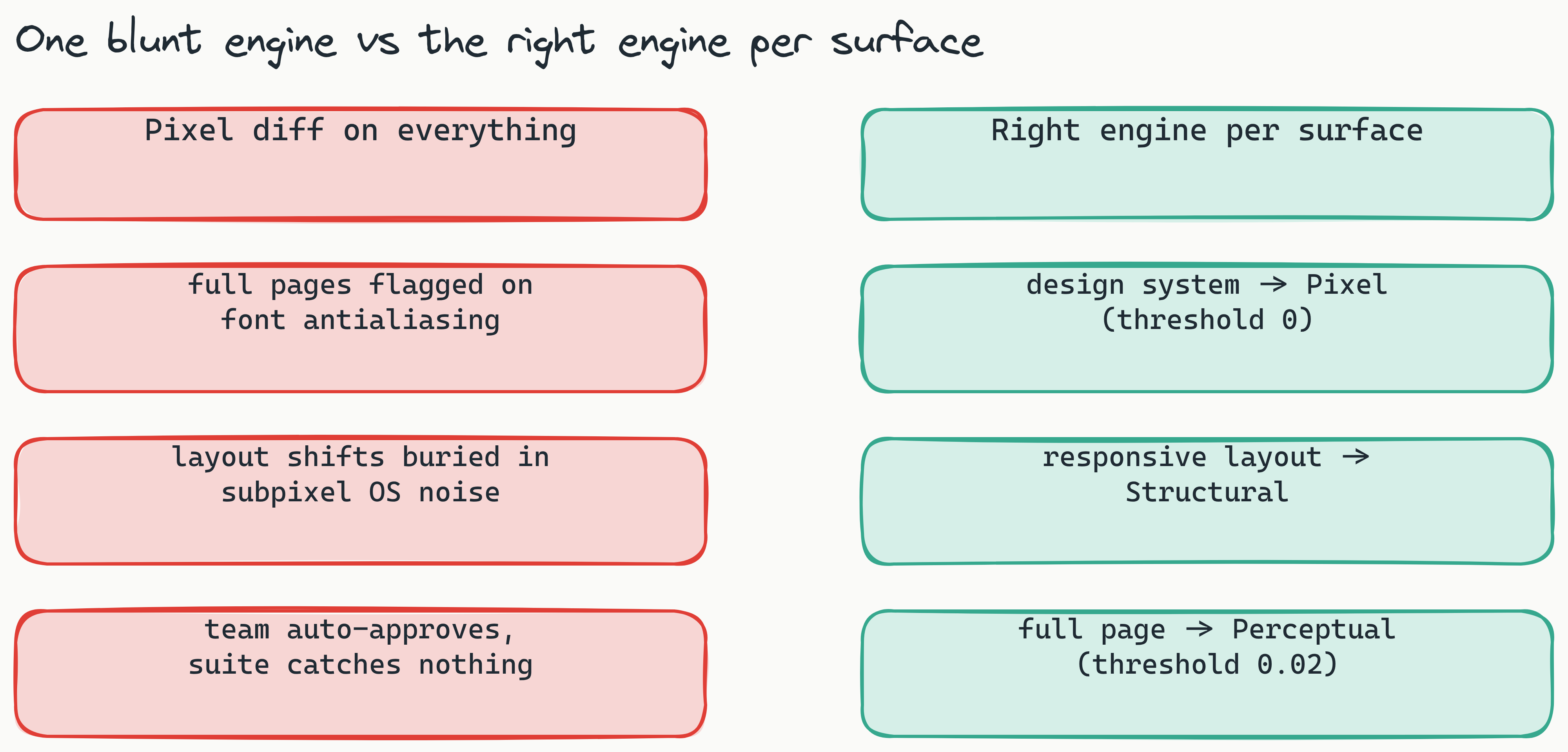 Two-column comparison: a red column running pixel diff on everything produces false positives from antialiasing and OS noise until the team auto-approves; a teal column matches the right engine per surface (Pixel for design system, Structural for responsive layout, Perceptual for full pages).