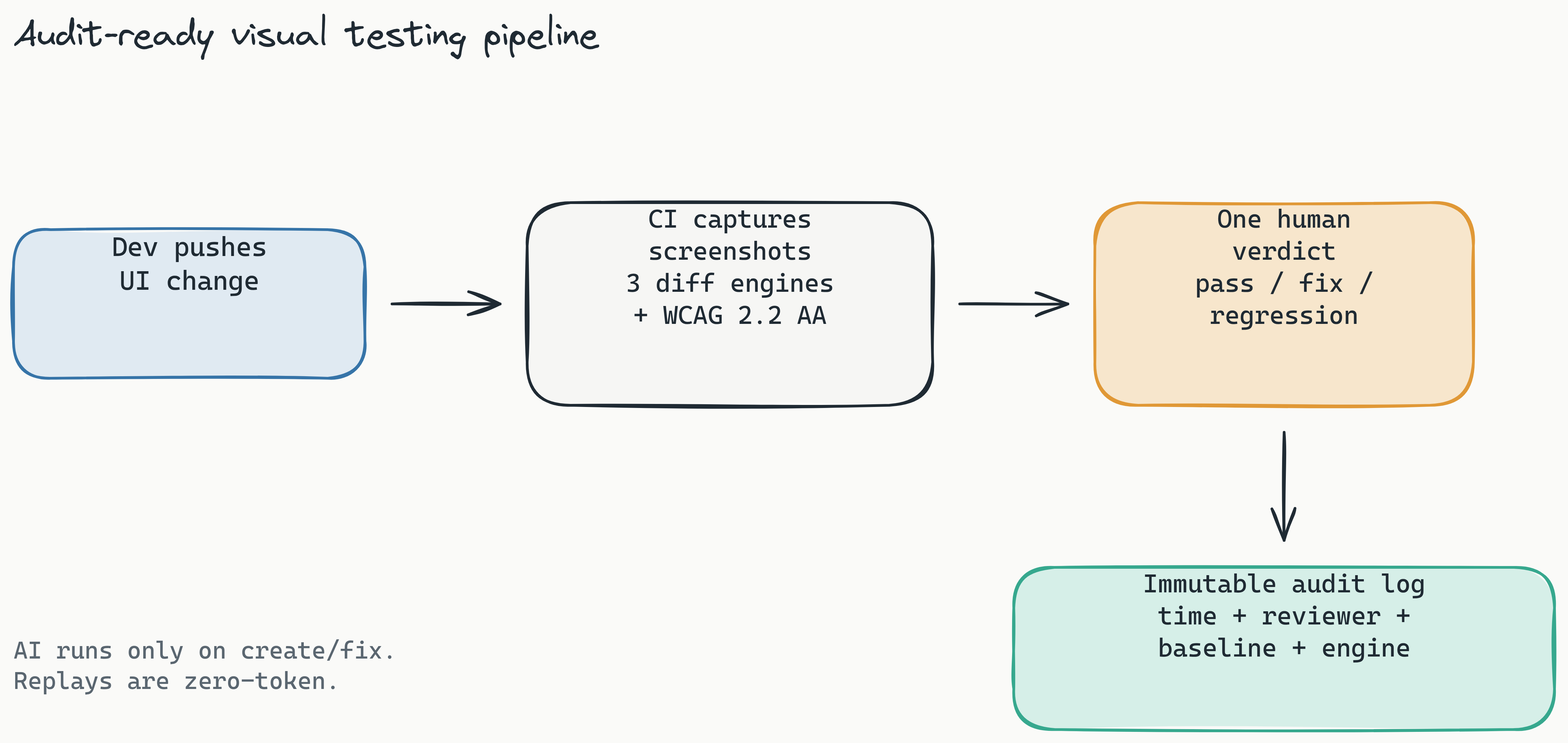 Three-step compliance pipeline flowing left to right: a developer pushes a UI change, CI captures screenshots and runs three diff engines plus WCAG 2.2 AA scoring, then a single human reviewer renders a pass, fix, or regression verdict that writes a permanent audit log entry with timestamp, reviewer, baseline version, and engine used.